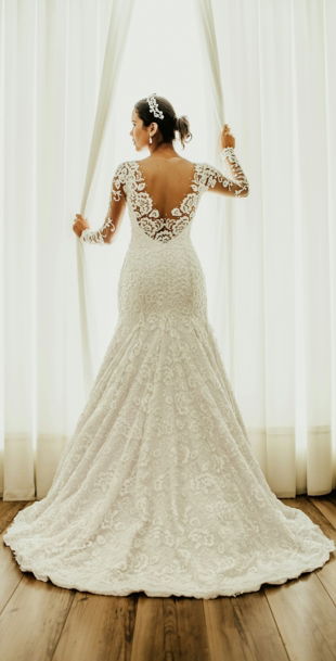 woman in white floral wedding dress